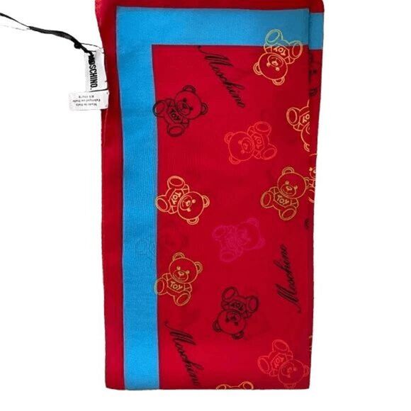 🐻 NWT MOSCHINO Iconic Teddy Bear Print Luxe Red Silk Scarf MSRP $245 - Picture 13 of 16